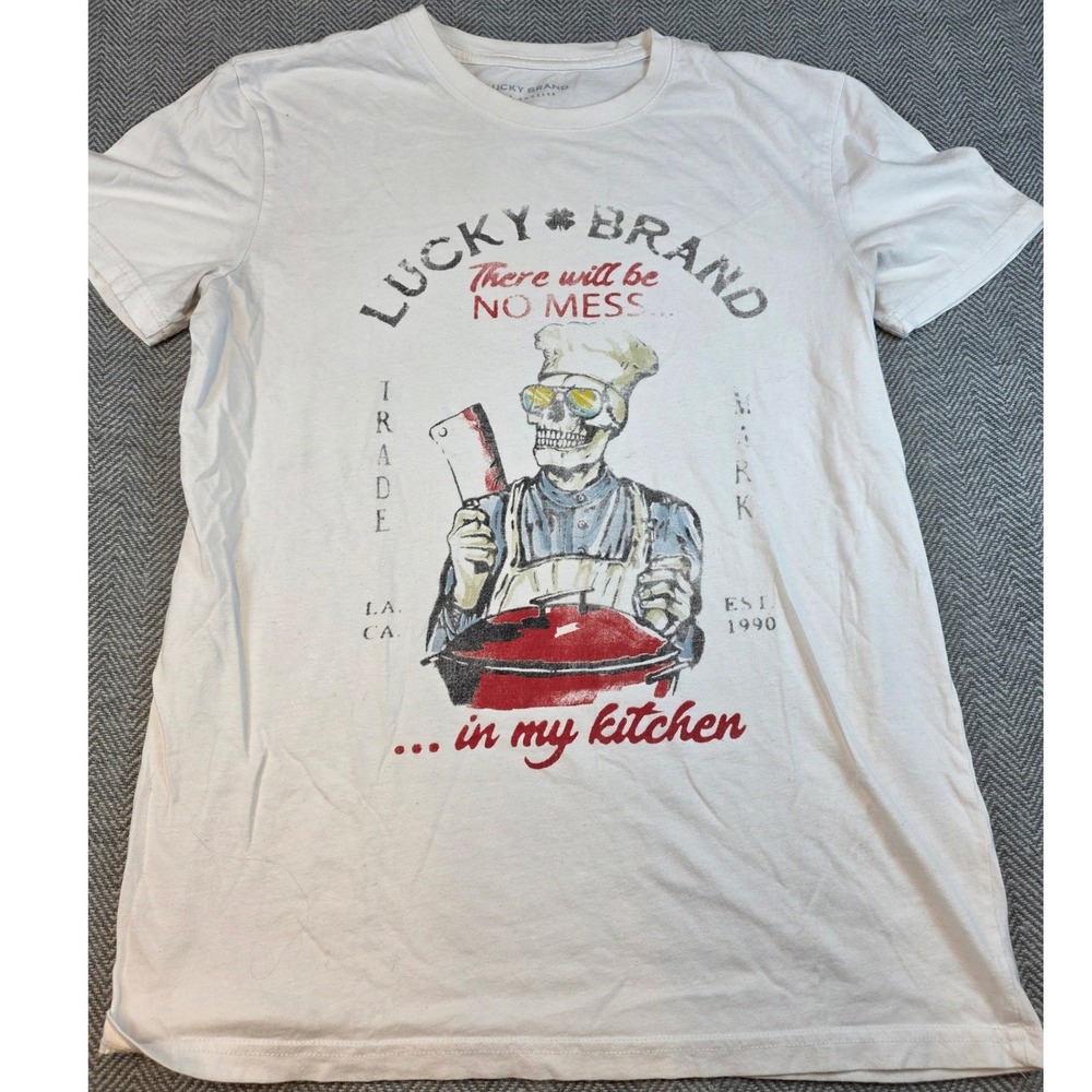 Lucky Brand Mens White Skeleton Chef No Mess In My Kitchen Graphic Tee Shirt S